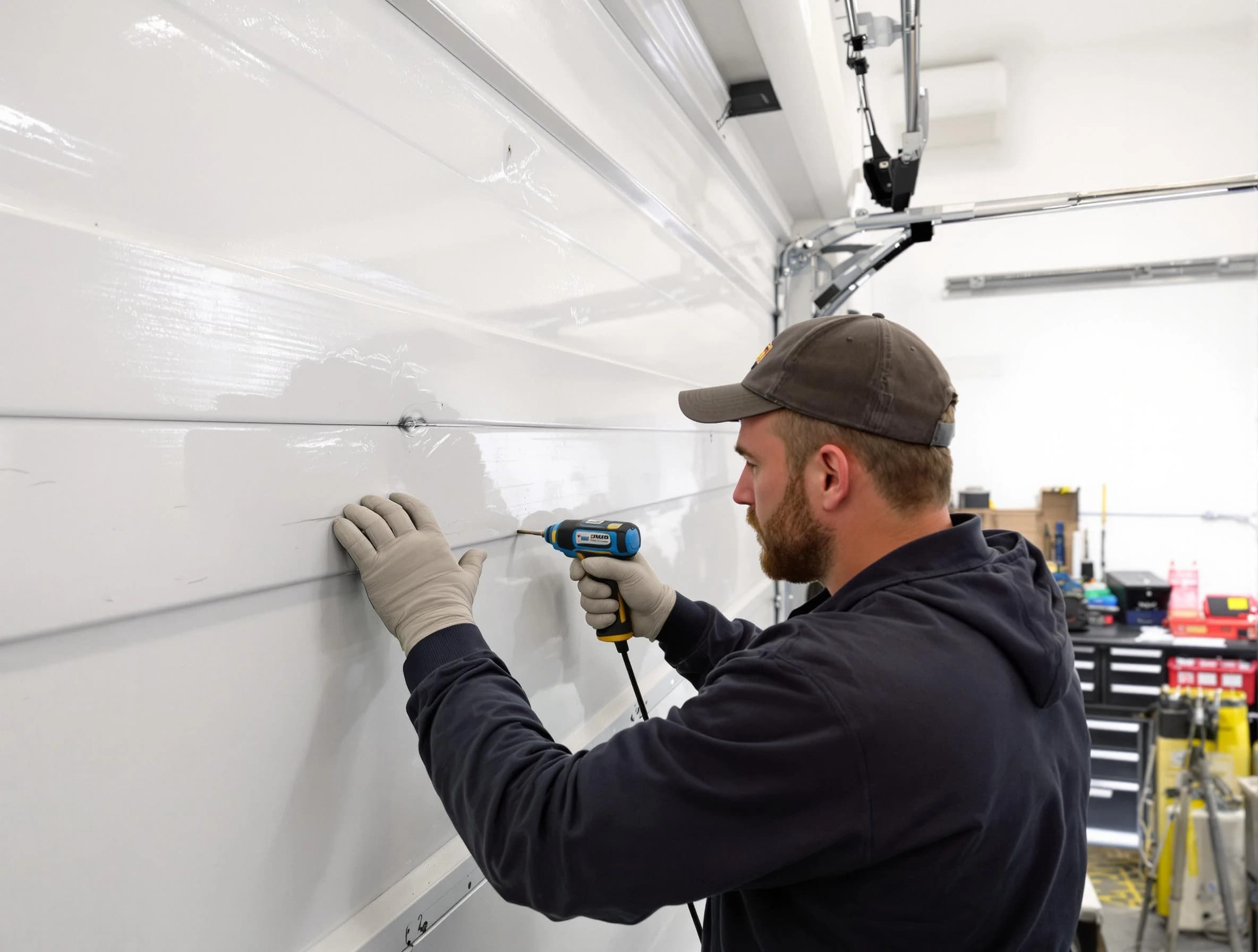 Stoughton Garage Door Repair technician demonstrating precision dent removal techniques on a Stoughton garage door