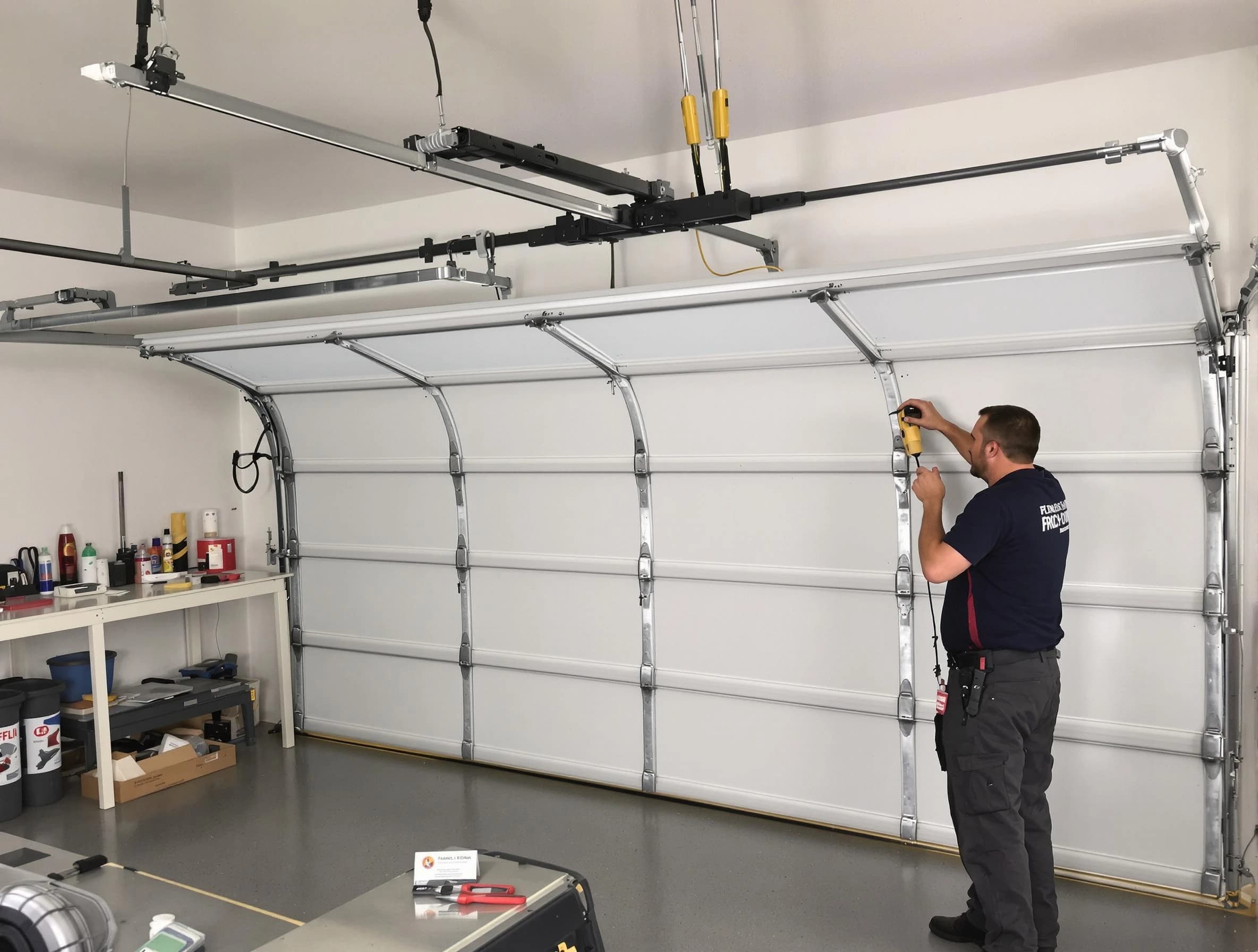 Stoughton Garage Door Repair certified technician performing overhead door system repair in Stoughton