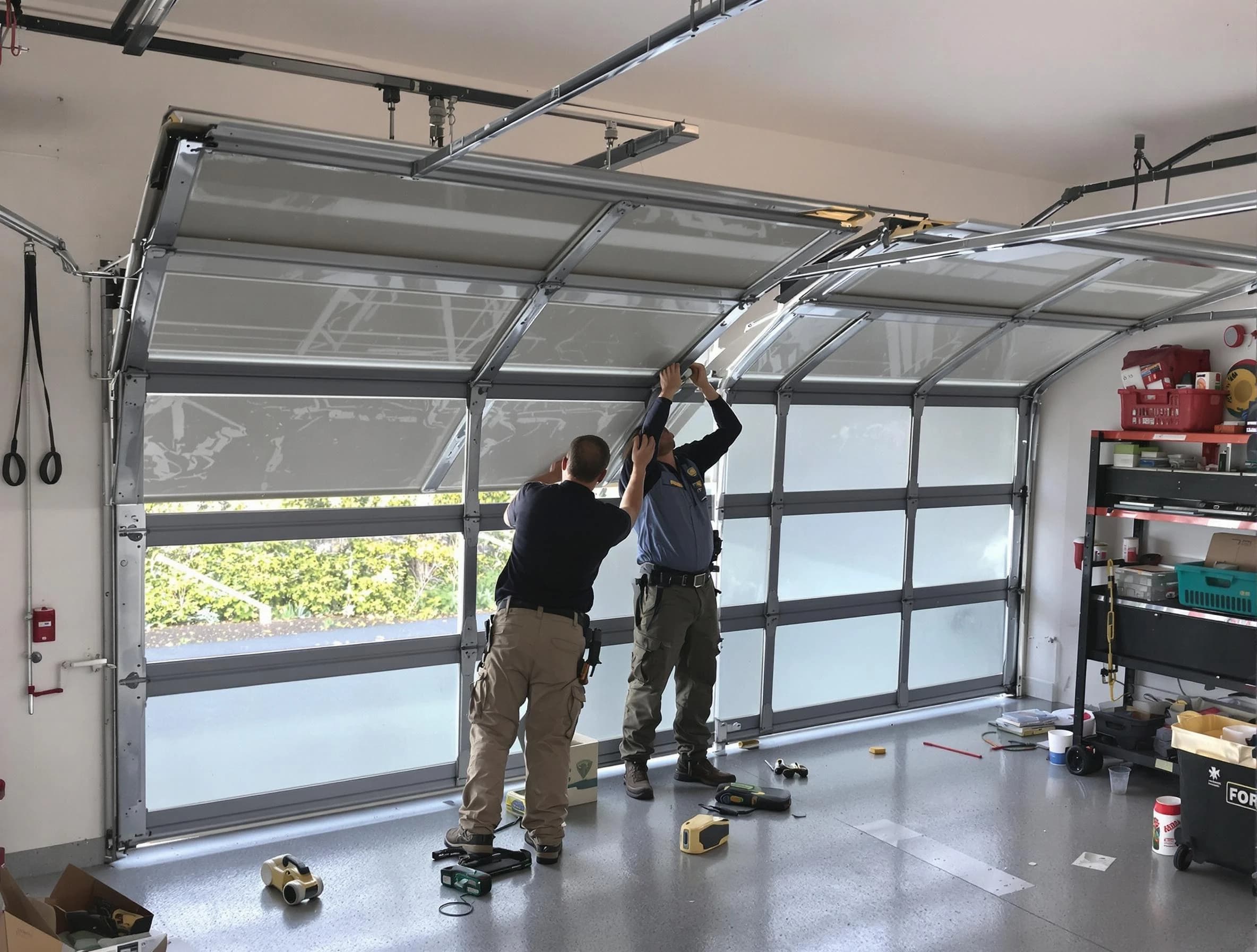 Stoughton Garage Door Repair expert performing precise panel replacement on Stoughton garage door