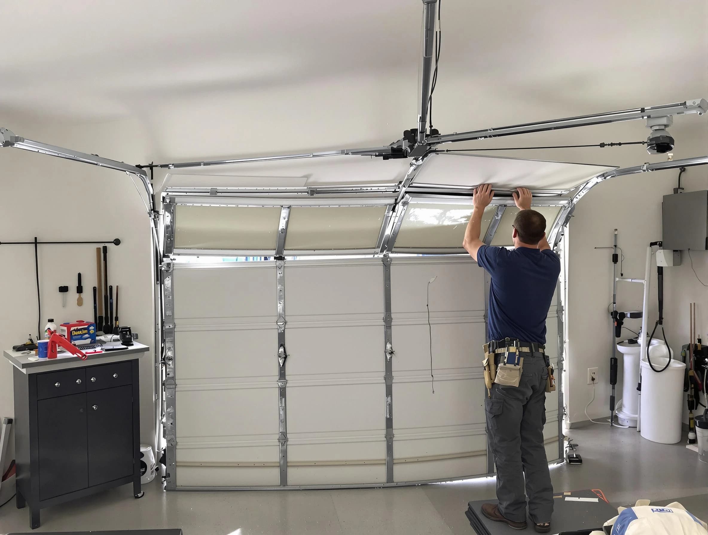 Stoughton Garage Door Repair specialist performing precise section replacement on Stoughton garage door