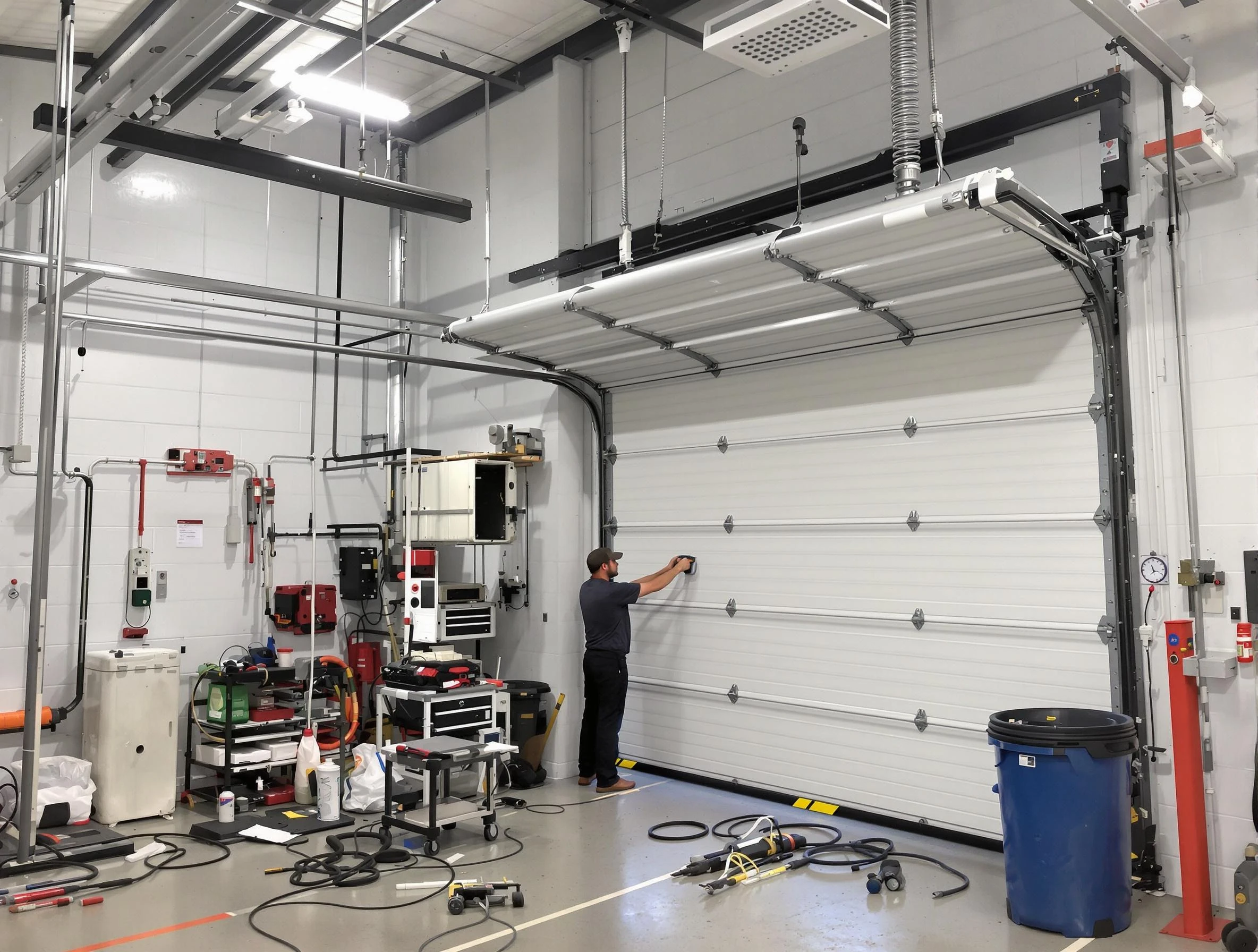 Stoughton Garage Door Repair certified technician performing commercial door repair at a Stoughton business facility