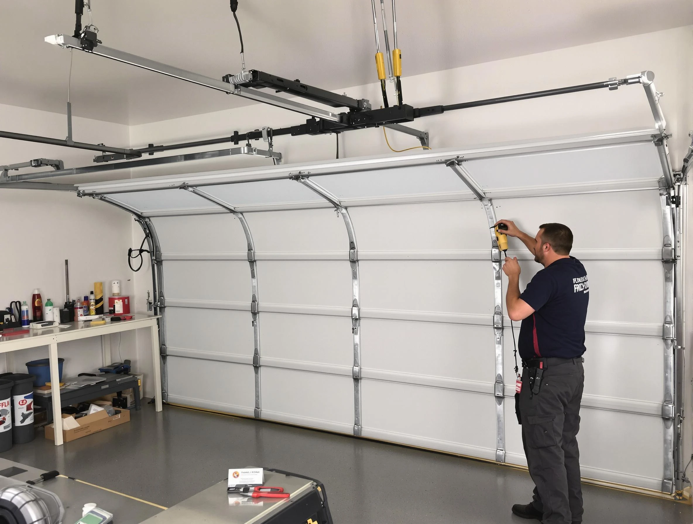 Stoughton Garage Door Repair certified technician performing overhead door system repair in Stoughton