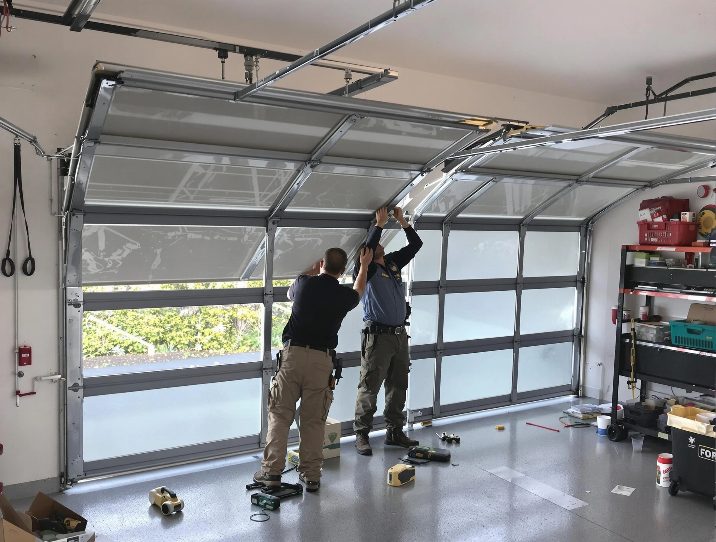 Stoughton Garage Door Repair expert performing precise panel replacement on Stoughton garage door
