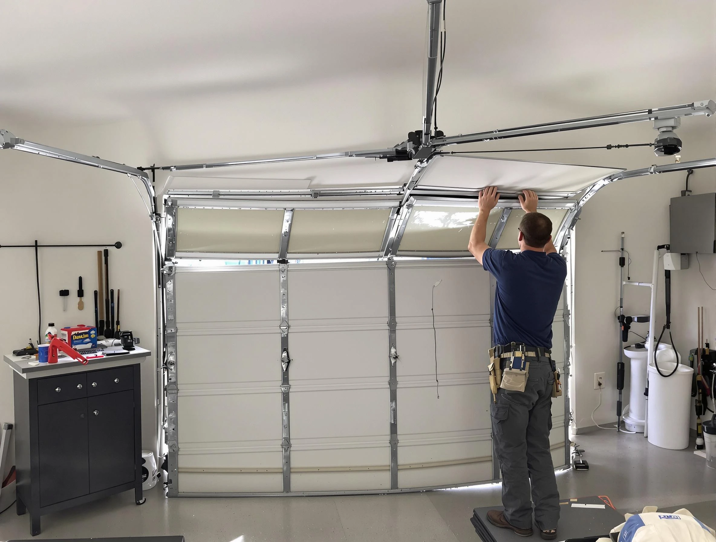 Stoughton Garage Door Repair specialist performing precise section replacement on Stoughton garage door