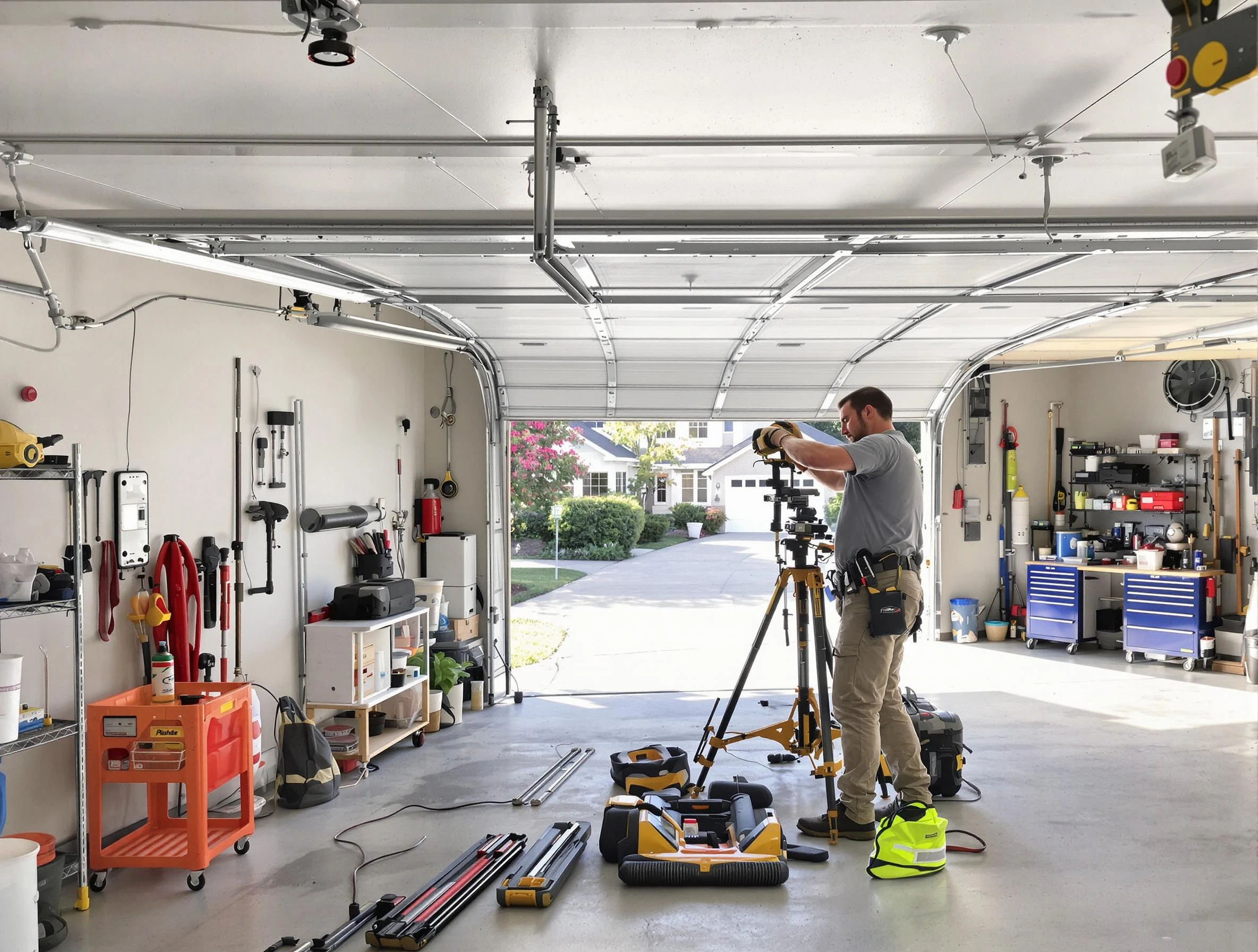 Stoughton Garage Door Repair specialist performing laser-guided track alignment in Stoughton